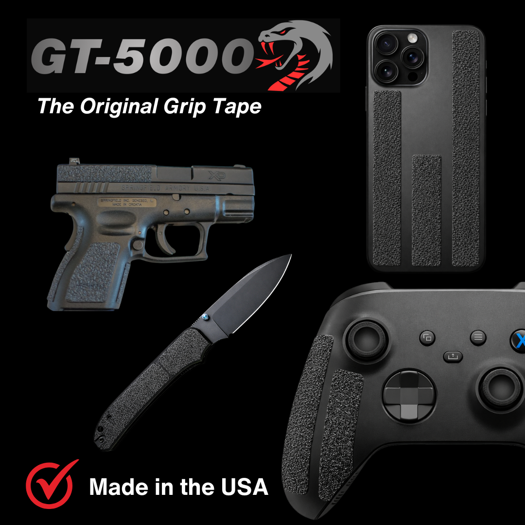 Grip tape product with a gun, phone, knife, and gaming controller on a black background.