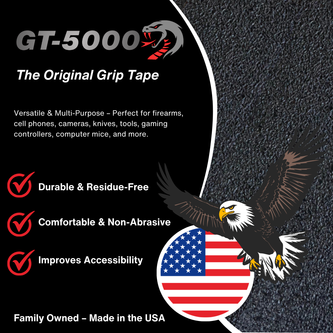 Grip tape product with branding and features on a black background