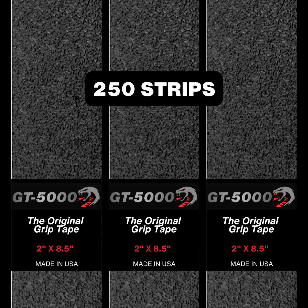 Grip tape packaging with '250 Strips' and 'GT-5000' branding on a black background.