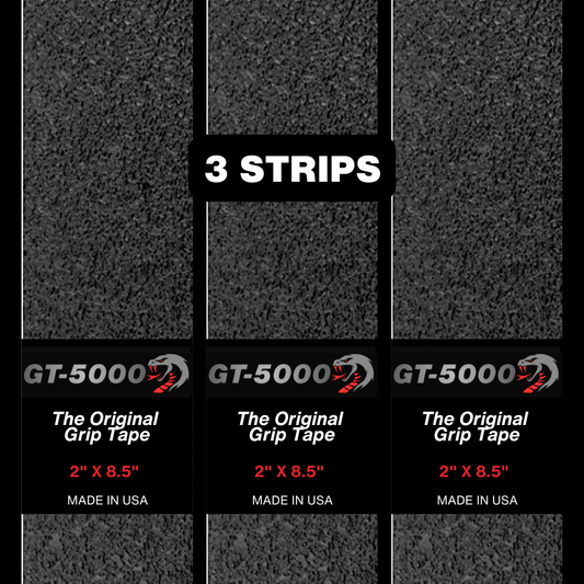 Grip tape packaging with '6 Strips' and product details on a black background