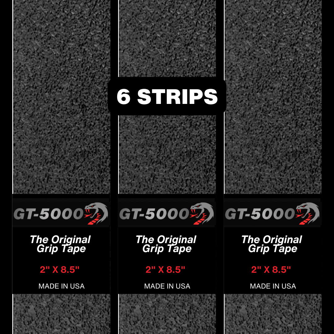 Grip tape packaging with '6 Strips' and product details on a black background
